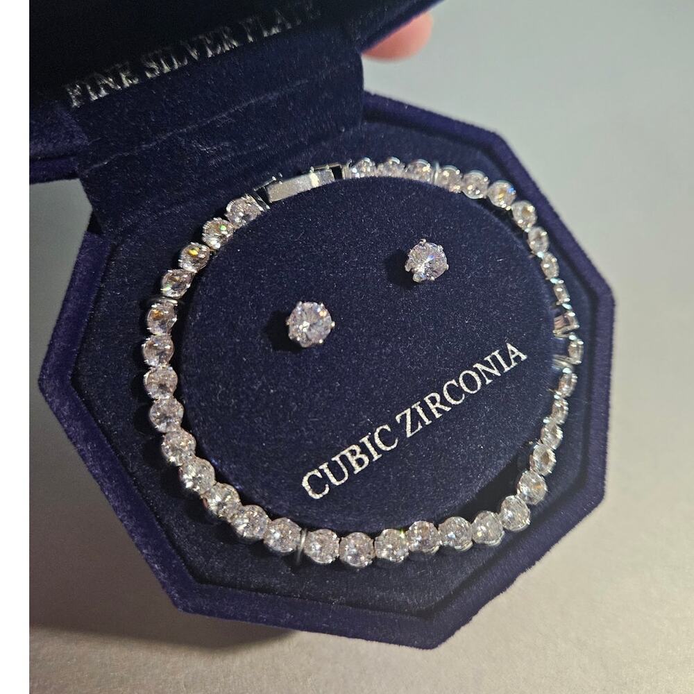Macy's Cubic Zirconia Bracelet & Stud Earrings Set in Fine Silver Plate